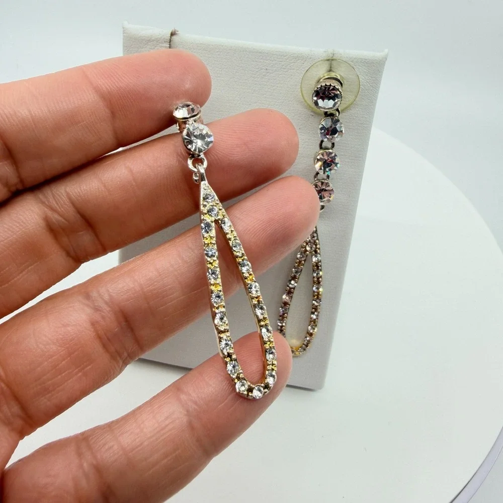 Vintage Gold Tone Dangle Earrings AB Rhinestone Teardrop Open Hoop Statement Y2K
